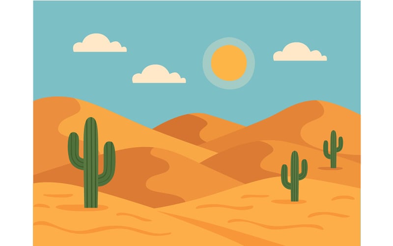 Paisagem desértica com cactos e colinas ondulantes