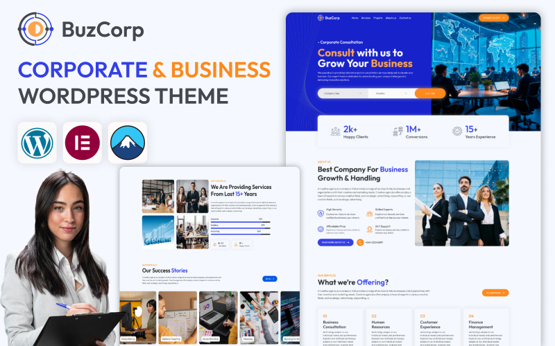 BuzCorp – Modern vállalati és üzleti tanácsadási WordPress téma Elementorral