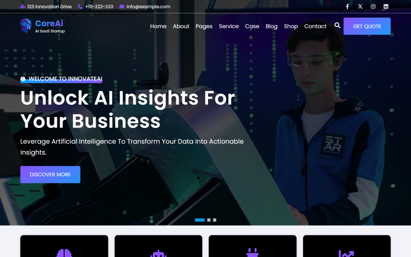 CoreAI - Шаблон веб-сайту Startup React для AI SaaS