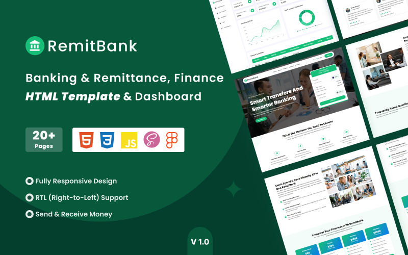 RemitBank – Modello HTML per trasferimenti bancari e di rimesse, RTL e dashboard