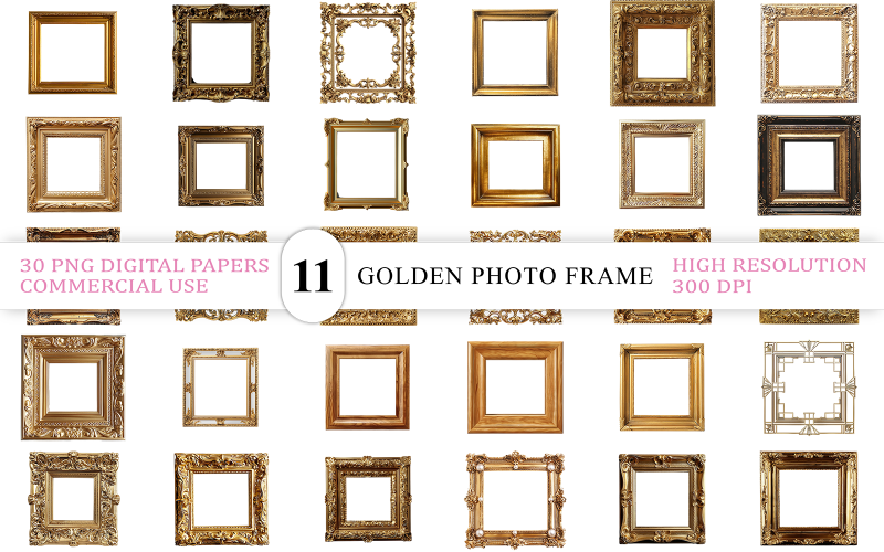 Collection de cadres photo baroques dorés | Cadres antiques de luxe au format PNG, pour numérique et imprimable