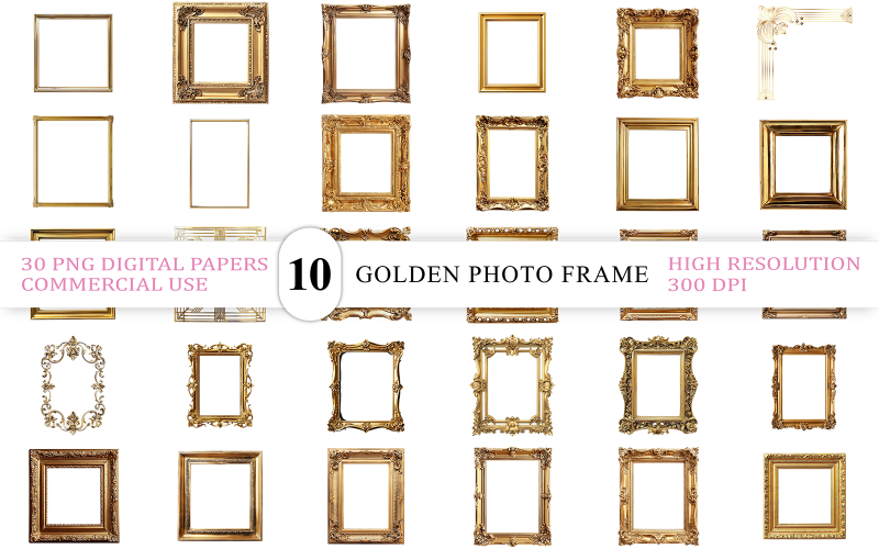 Luxusní zlatý zdobený rám | Elegantní zlatý fotorámeček PNG sada | Klasický královský zlatý rám PNG