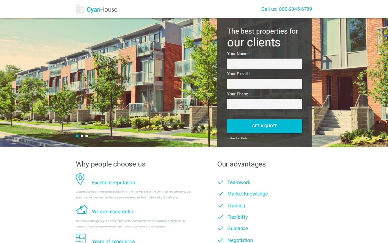Cyan House - Agencja nieruchomości Klasyczny szablon HTML Landing Page