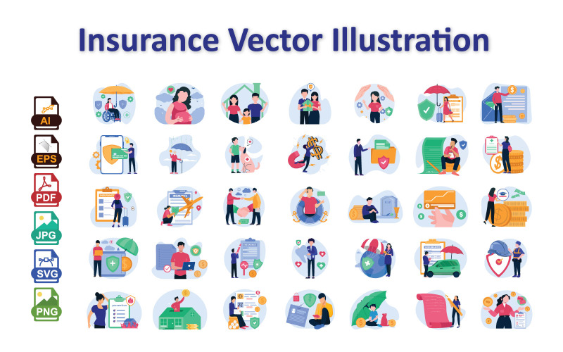 保险矢量插图包——商业、健康、金融解决方案图标集