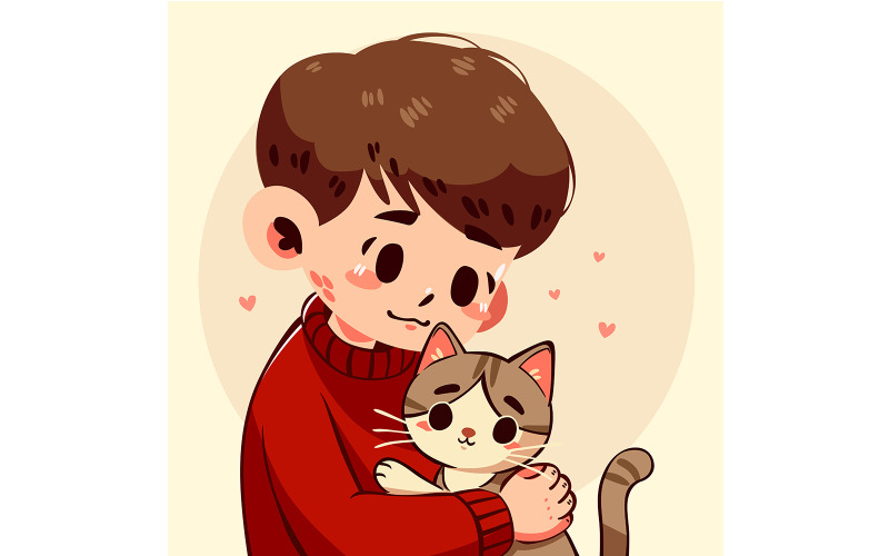 Cartoonjongen die een kat vasthoudt