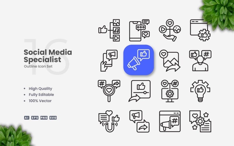 Set di 16 icone di contorno per specialisti dei social media