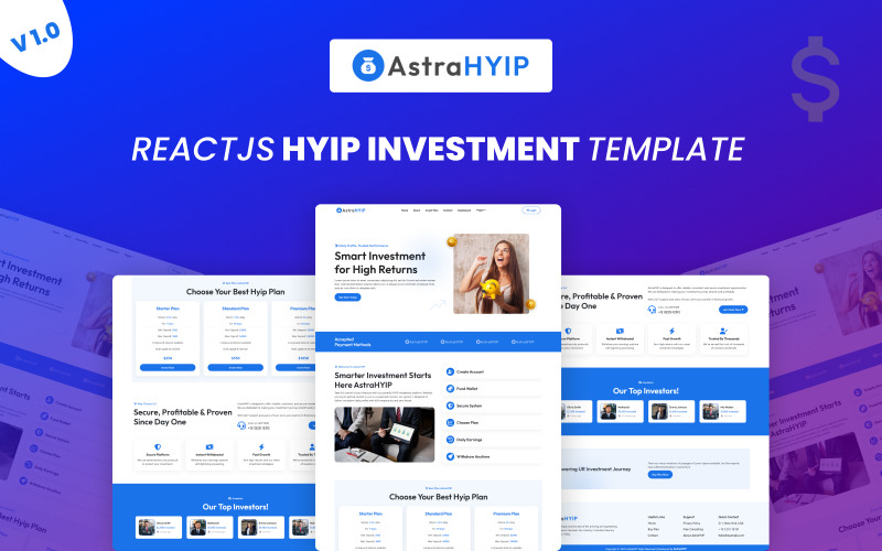 AstraHYIP - ReactJS Modern HYIP-investeringsmall med instrumentpanel