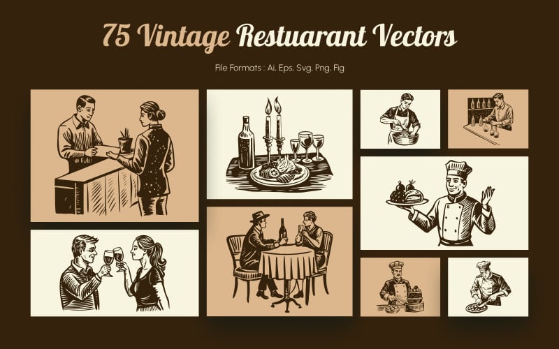 Vintage étterem illusztráció készlet