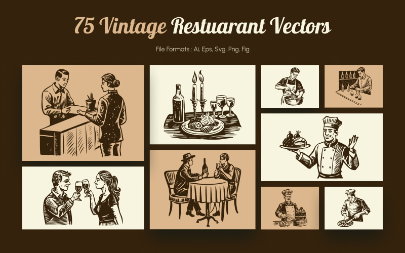 Zestaw ilustracji do restauracji w stylu vintage