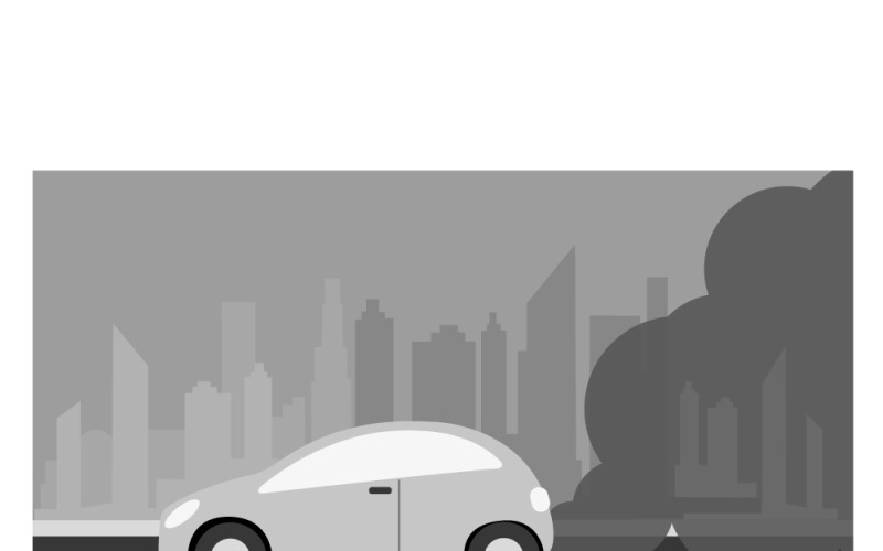 Ilustración vectorial de paisaje urbano contaminado por gases de escape de automóviles