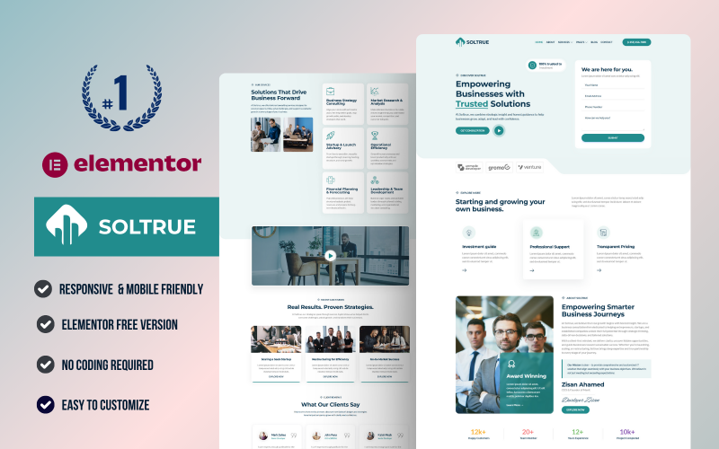 Soltrue – Sada šablon pro obchodní konzultace a obchodní kouče pro WordPress Elementor