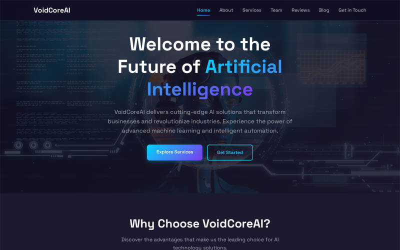 VoidCoreAI – Modello HTML reattivo per startup di intelligenza artificiale