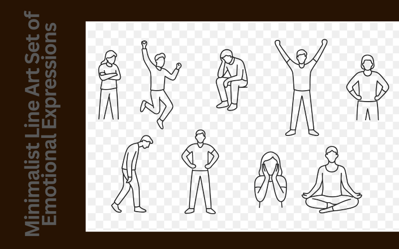 Conjunto de arte minimalista de linhas com expressões emocionais – alegria, tristeza, confiança, ansiedade e calma