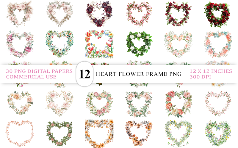 Elegante corona de corazón con flores ligeras PNG | Delicado marco floral de corazón | Marco floral de corazón pastel