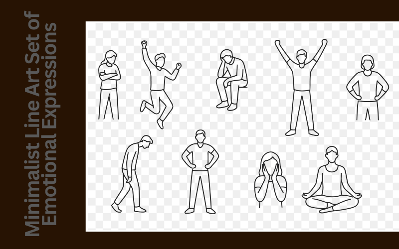 Ensemble d'art minimaliste représentant des expressions émotionnelles : joie, tristesse, confiance, anxiété et calme