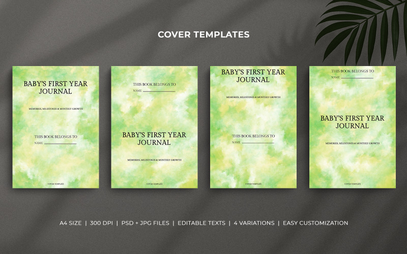 Modelli di copertina per diario del primo anno del bambino - Sfondo acquerello verde - Design PSD modificabile