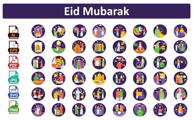 Sada vektorových ilustrací k svátku Eid Mubarak – slavnostní ikony pro oslavy a sezónní motivy
