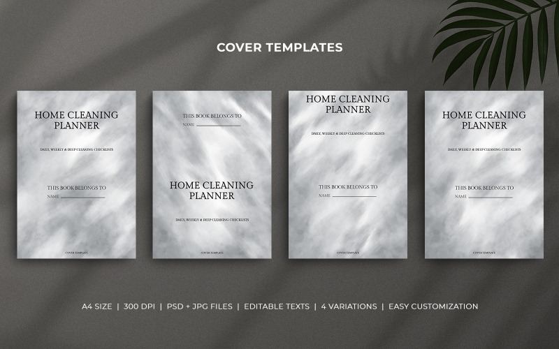 Sjablonen voor omslag van schoonmaakplanner voor thuis – Zilvergrijze aquarelachtergrond – Bewerkbare PSD-set