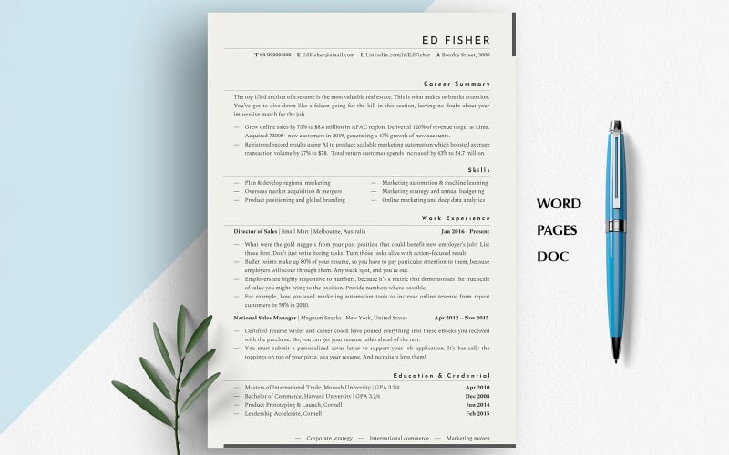 CEO Özgeçmiş Şablonu | Word, Google Dokümanlar ve Sayfalar için Yönetici Özgeçmişi | Minimalist CV Tasarımı