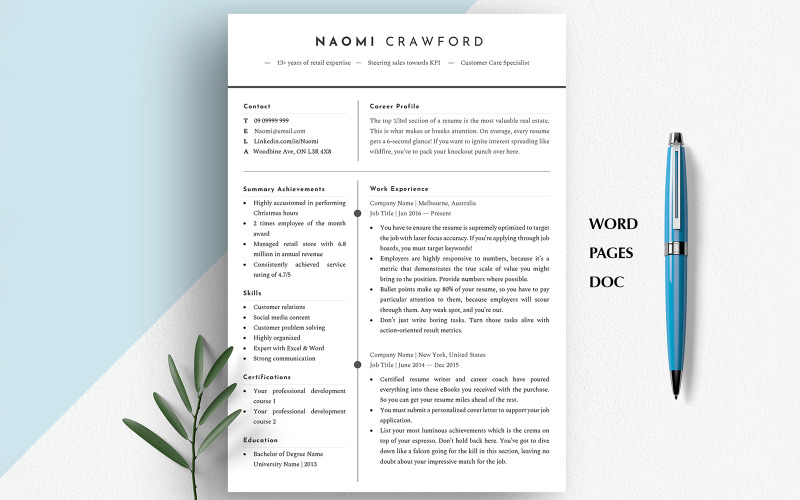 WORD RESUME TEMPLATE, Modern Resume & Cover Letter | Google Docs Resume ...