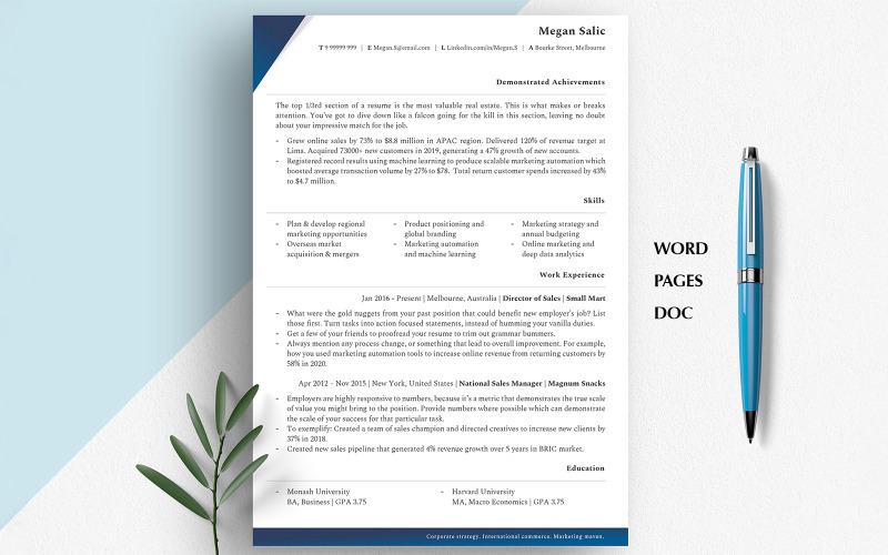 Word、Google Docs 和 Pages 的高管简历 | 极简单栏简历设计，CEO 简历