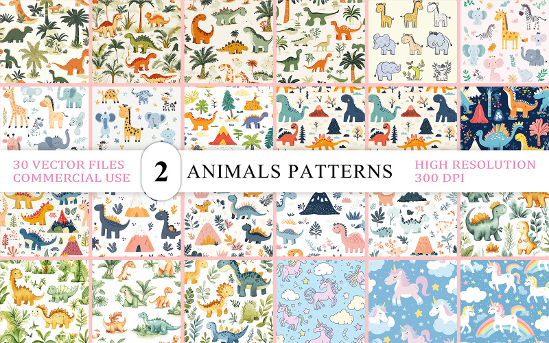 Ensemble de motifs de dessins animés Jungle Safari et Dinosaures | Dinosaures mignons et sans couture, animaux fantastiques de la jungle