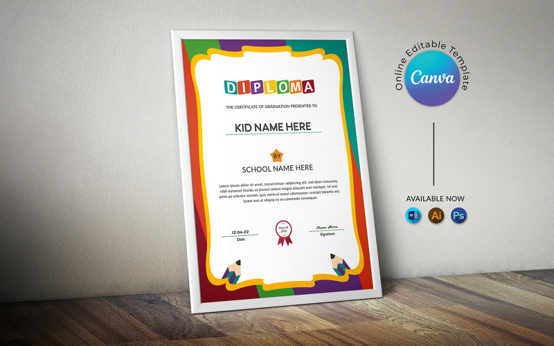 Modello modificabile per certificato di laurea per bambini Canva e MS Word