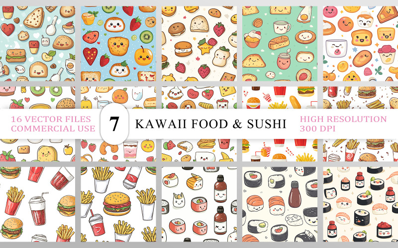 Söt Kawaii Mat Sömlöst Mönster Burgare Pommes Frites | Snabbmat & Japansk Sushi Mönster Vektor