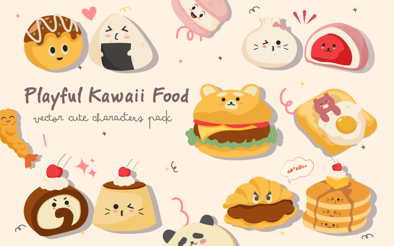 Rolig Kawaii Mat - Platt Vektor Karaktärspaket
