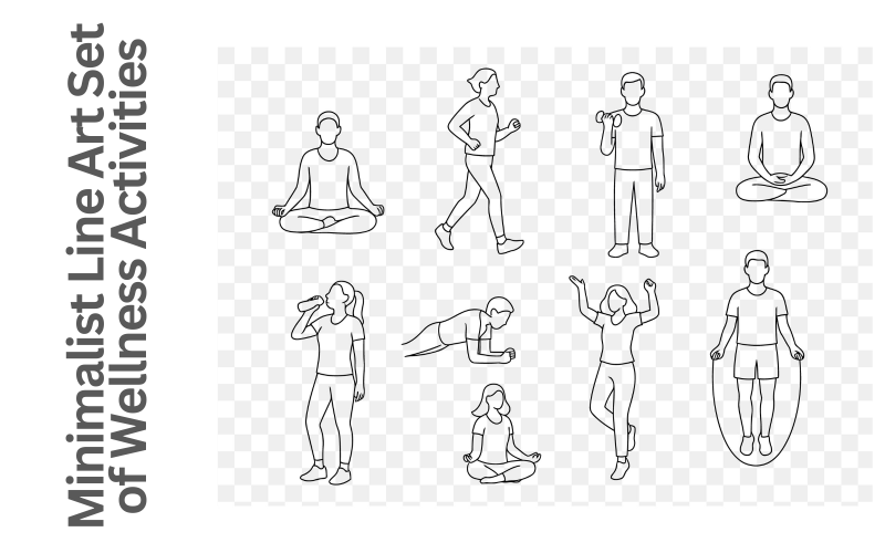 Minimalistisk linjekonstuppsättning av fitness-, tränings- och wellnessaktiviteter träning och yogavektor