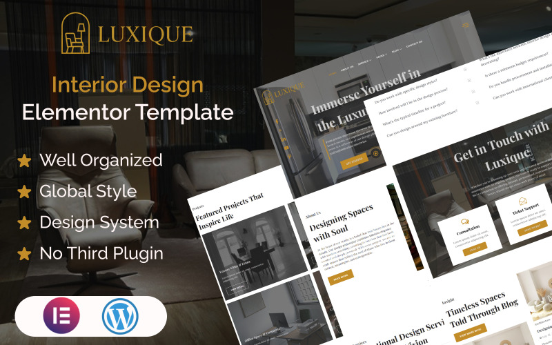 Luxique - Kit de modèles Elementor pour la décoration intérieure