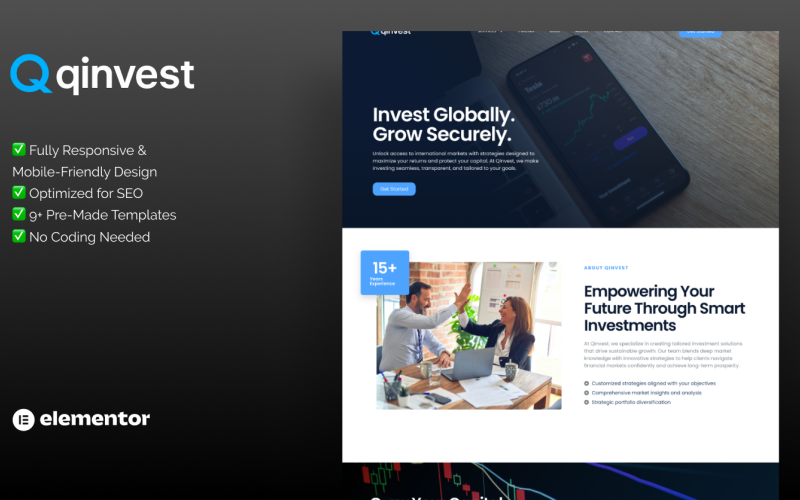 Qinvest – Modelo Elementor para empresas de consultoria financeira e de investimento