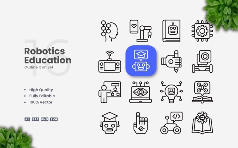 Conjunto de 16 iconos de esquema de educación robótica