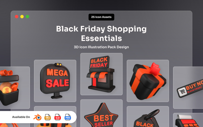 Paquete de iconos 3D esenciales para compras del Black Friday