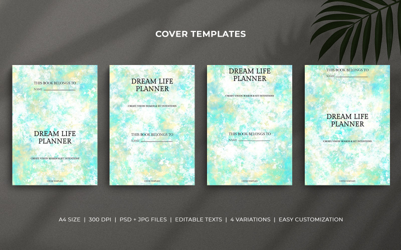 Modèles de couvertures de planificateur de vie de rêve avec un design d'arrière-plan aquarelle jaune aqua et crème