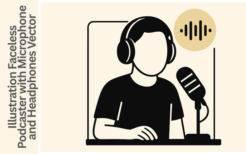 Illustrazione di un conduttore di podcast maschio, podcaster senza volto con microfono e cuffie, vettore