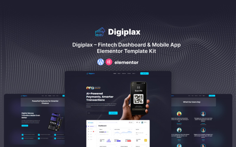 Digiplax – набор шаблонов для финтех-панели управления и мобильного приложения Elementor