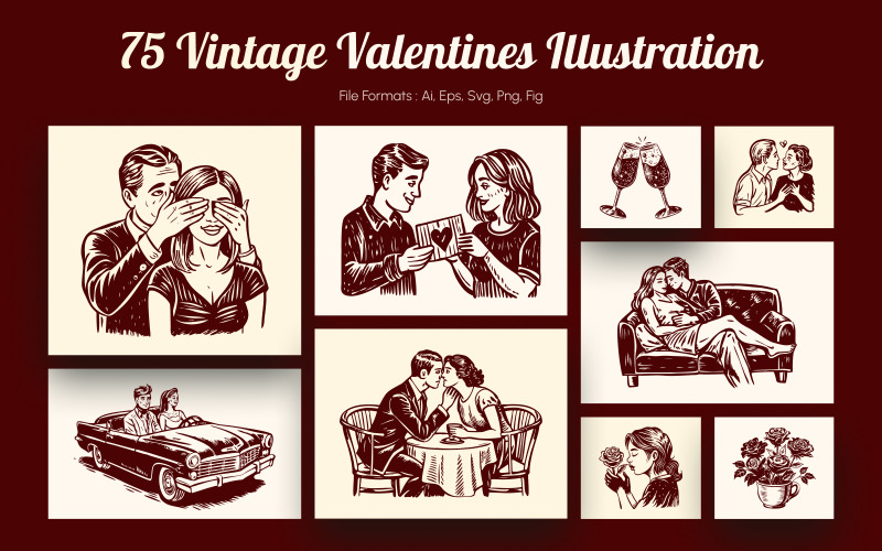 Vintage Alla hjärtans dag illustration set