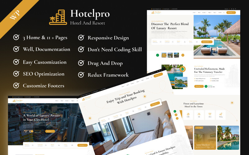 Hotelpro - Szállodafoglalás és üdülőhely-menedzsment Elementor WordPress sablon