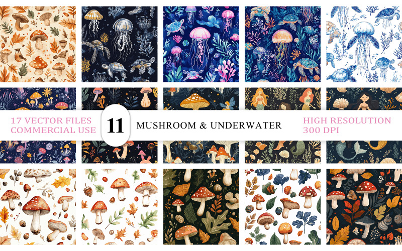 Paddenstoelen, zeemeerminnen en zeeleven naadloze vector | Fantasiepaddestoel en oceaankwal