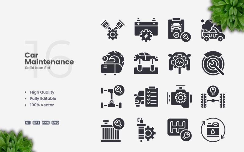 16 Car Maintenance Solid Icons Set