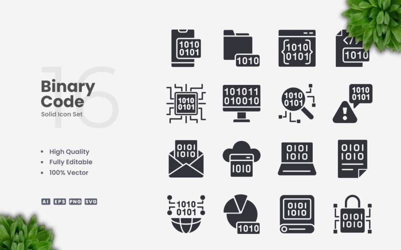 16 Binary Code Solid Icons Set