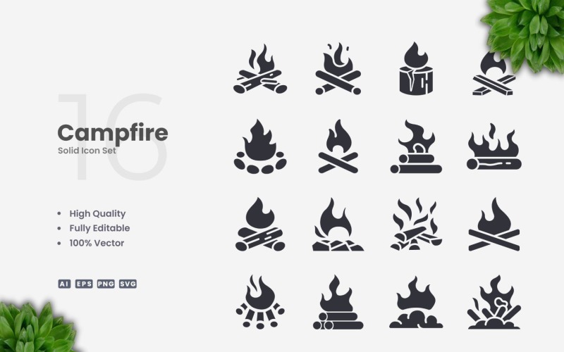 16 Campfire Solid Icons Set