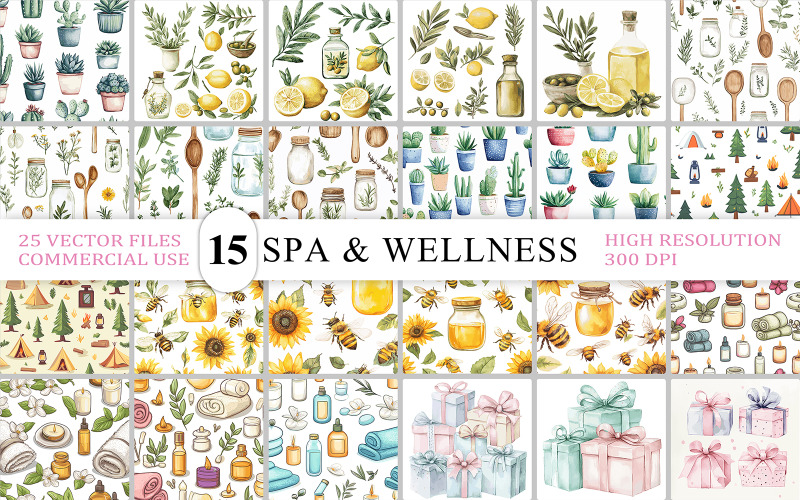 Botaniskt spa och presentmönster | Honungsbin, solrosor och hudvårdsvektor sömlöst