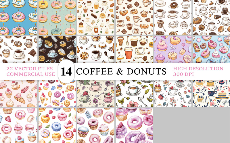 Patrón sin costuras de donas dulces y café | Paquete de patrones sin costuras de café y donas