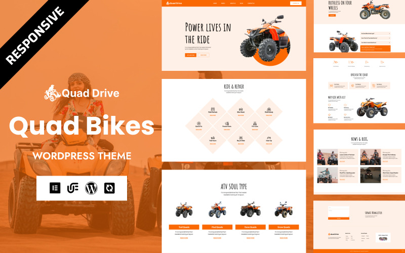 Quad Drive - WordPress Elementor-thema voor het huren en boeken van auto's, fietsen, taxi's, voertuigen en deelauto's
