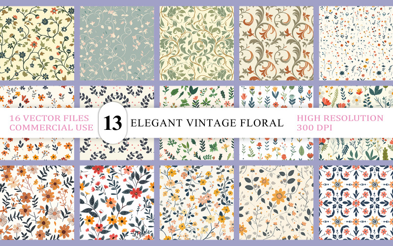Motifs floraux vintage et modernes sans couture | Pack de motifs botaniques vectoriels modifiables | Botanique