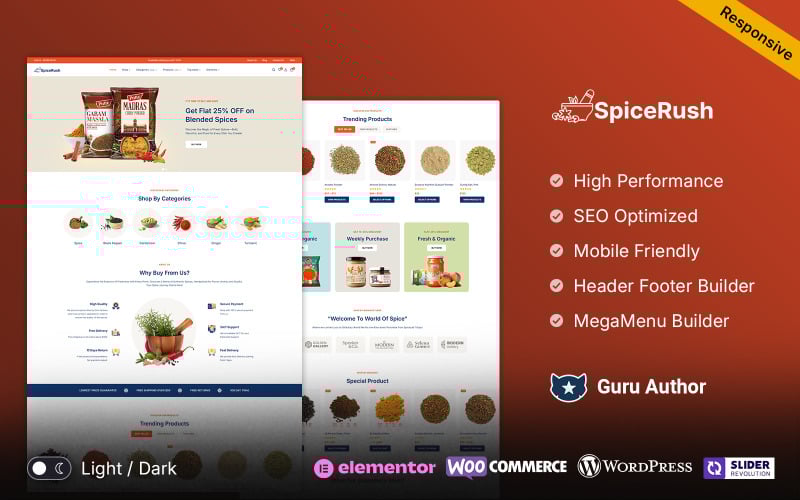 Spicerush — магазин специй и сухофруктов для Elementor WooCommerce. Адаптивная тема.