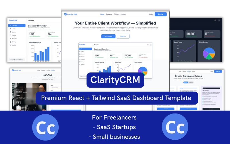 ClarityCRM – React + Tailwind SaaS-Admin- und CRM-Dashboard-Vorlage