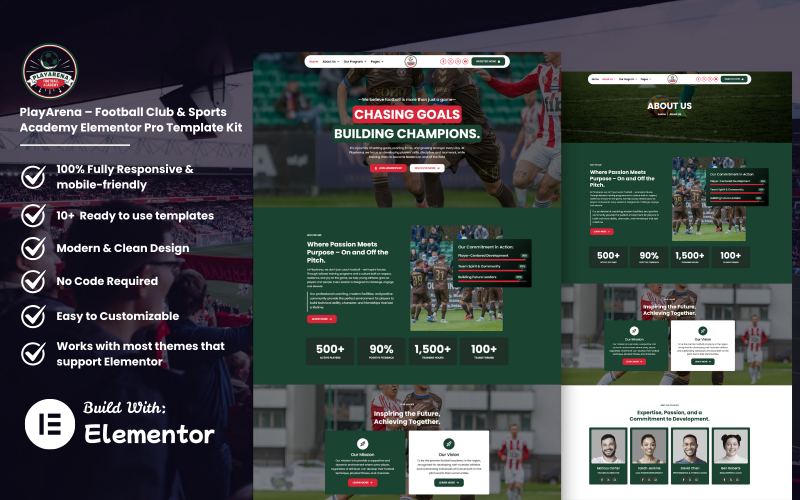PlayArena — набор шаблонов Elementor Pro для футбольного клуба и спортивной академии